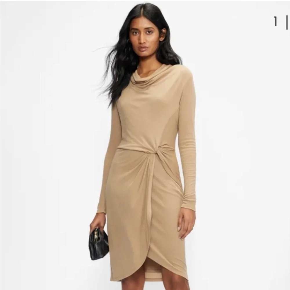 Ted Baker Neyda Jersey Dress Tan Cowl Neck Ruched Knot Wrap Midi Size 12 NEW